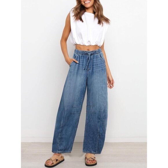 Women High Waisted Wide Leg Denim Pants Drawstring Baggy Casual Pants - Picture 4 of 6